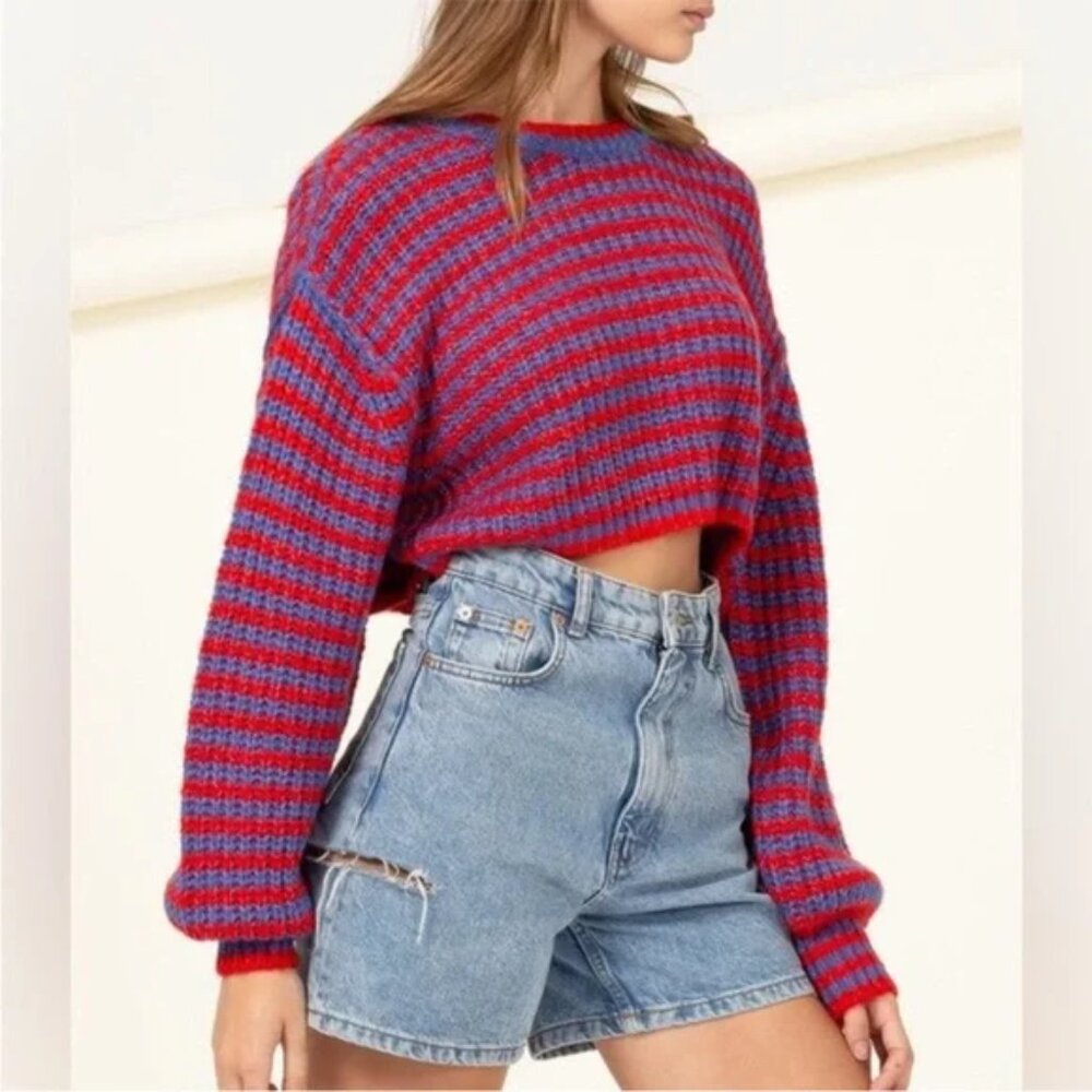 Zara‎ Wool Alpaca Blend Cropped Chunky Knit Stripe Balloon Sleeve Medium